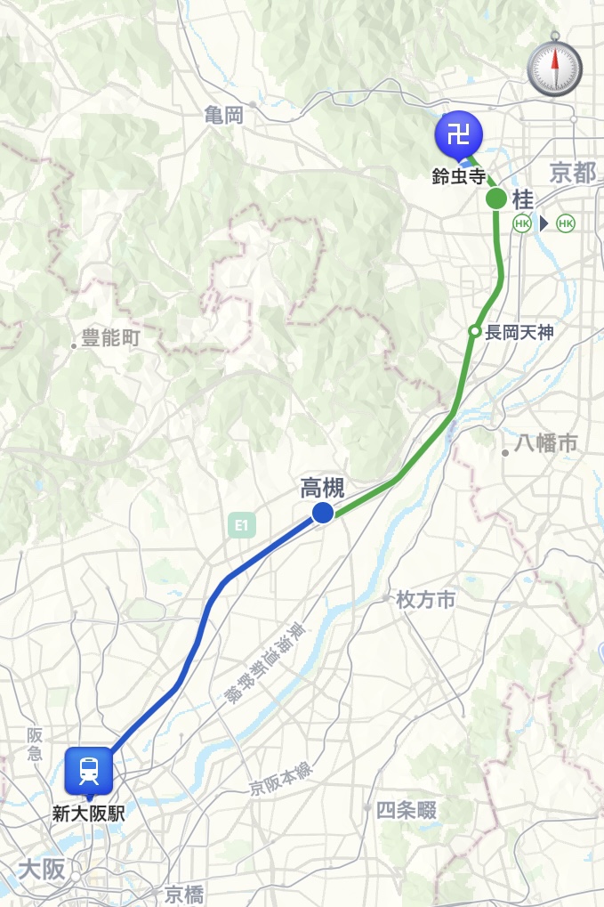 新大阪駅から鈴虫寺（華厳寺）までの地図