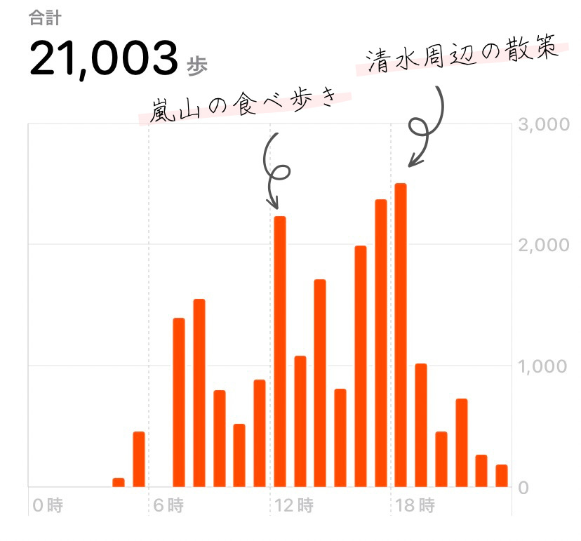 京都旅行の時間帯別歩数グラフ